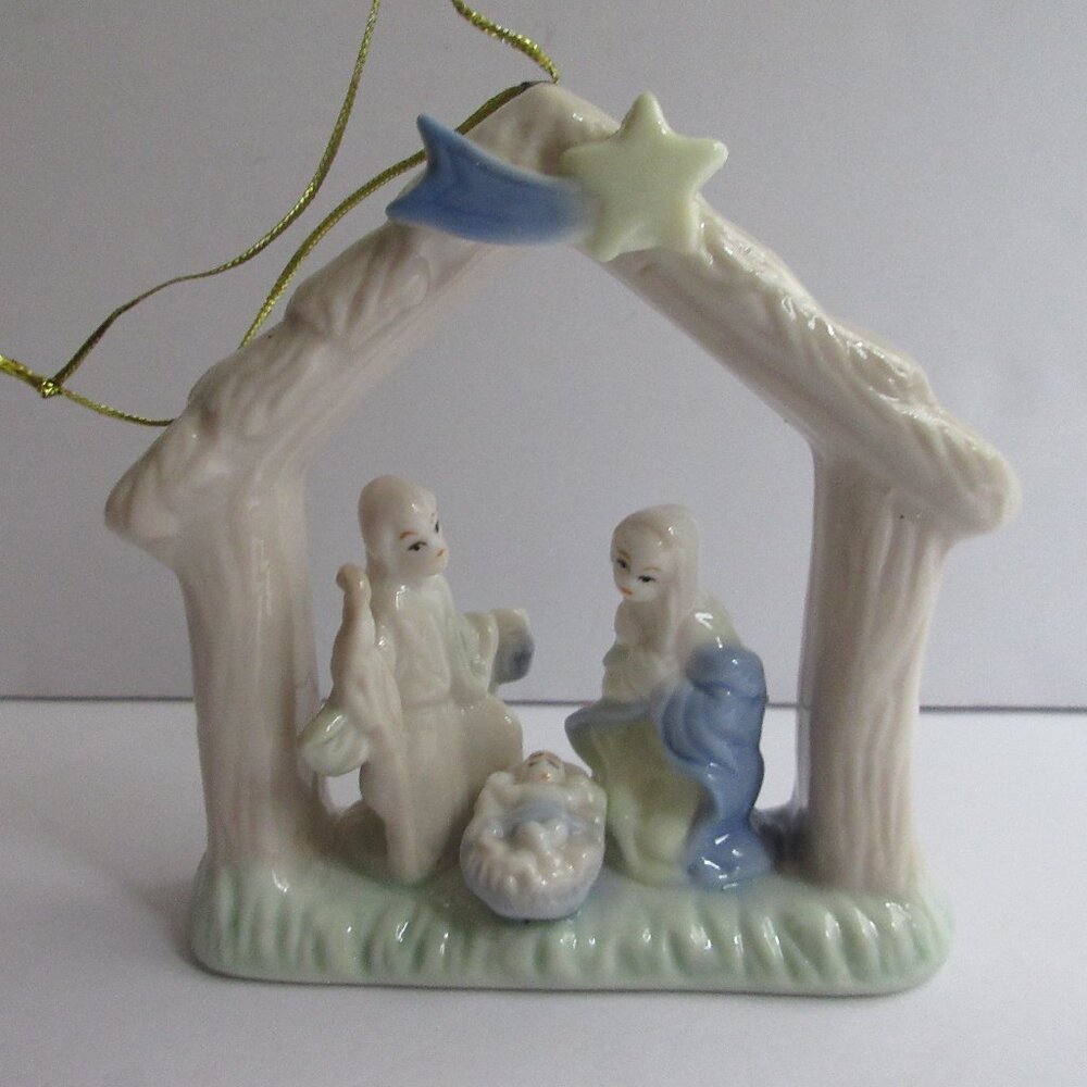 Porcelain Pastel Nativity Scene Creche Hanging Ornament International Bazaar